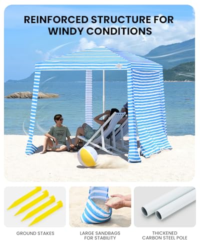 Qipi Beach Cabanas for Sand, Beach Canopy with Sandbags & Side Wall for Family, Easy Set Up Sun Shelter, UPF 50+ UV Protection with Roof Vent - color: 8' x 8' Blue Stripes Dual-Fold
