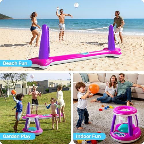 JOYIN Inflatable Pool Float Set Volleyball Net & Basketball Hoops, Floating Swimming Game Toy Floaties for Kids and Adults Volleyball Court (105”x28”x35”)|Basketball (27”x23”x27”),L-Pink Purple - color: Pink Purple, size: Large