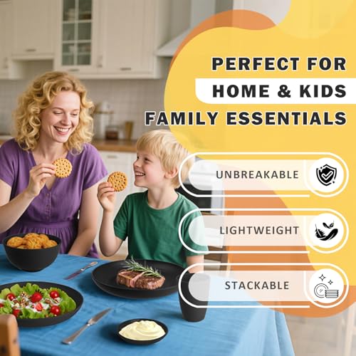 Wheat Straw Dinnerware Sets 16 PCS, Unbreakable Kids Plates and Bowls for 4-9 IN Plates, 26 OZ Cereal Bowls, 2 OZ Dipping Bowl, 12 OZ Cups, Dishwasher & Microwave Safe Plate Set - Black - color: Black, size: 16 PCS