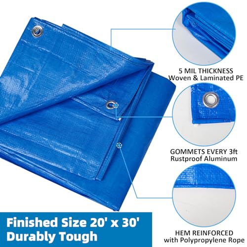 Double-Sided Waterproof Poly Tarp 20x30 Feet 5mil Thick Polyethylene Tarps, Perfect for Outdoor Use, Plastic Cover & Mat for Tent Camping Storage Boat Bikes Vehicles - color: Blue-5 Mil, size: 20' x 30' 1psc