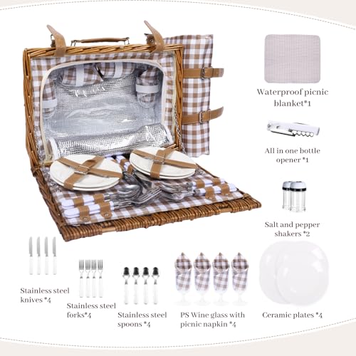 Neti Neti Wicker Picnic Basket for 4 with Insulated Cooler & Waterproof Blanket – Large Willow Picnic Hamper for Outdoor, Camping, Beach, Romantic Dates, Valentine’s Day - color: Khaki Plaid