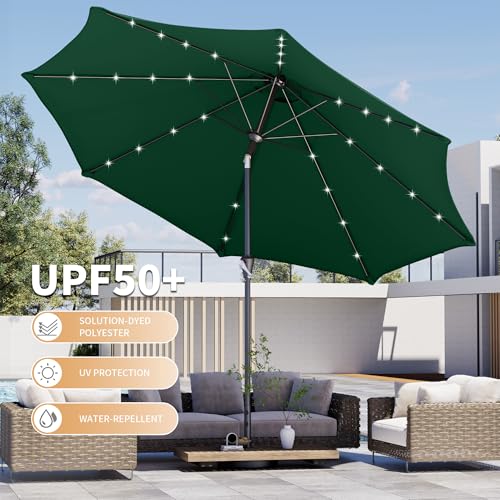 Kingdura 9FT Outdoor Patio Umbrella with Solar Lights, Market Table Umbrella with Push Button Tilt & Crank, 8 Sturdy Ribs, 32 LED Lights, UV Protection for Garden Lawn Deck Backyard Pool (Dark green) - color: Dark green-LED, size: 9 Ft