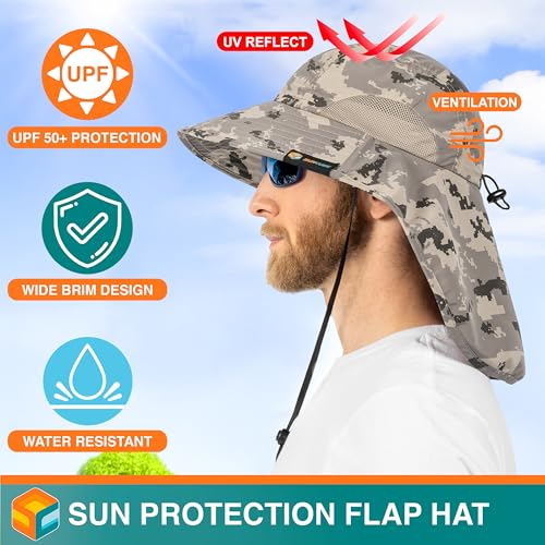 SUN CUBE Wide Brim Sun Hat with Neck Flap, UPF50+ Hiking Safari Fishing Hat for Men Women, Sun Protection Beach Hat - color: Gray Camo
