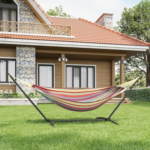 Portable Hammock with Stand - 450lbs Heavy Duty Camping Hammock, Adjustable Steel Frame, Poly-Cotton Fabric, Carry Bag Included, Yellow Rainbow Stripes