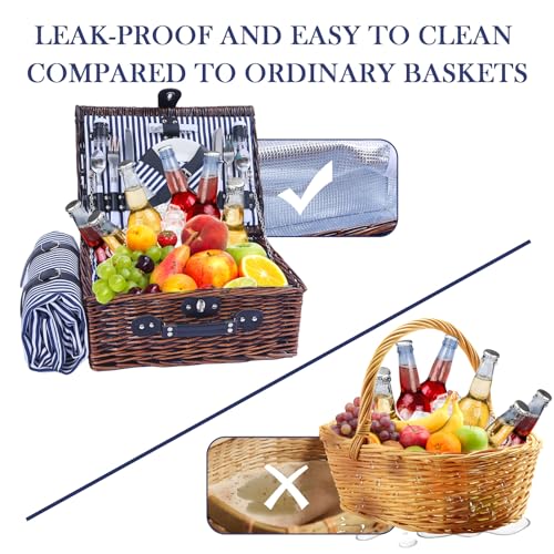 Neti Neti Wicker Picnic Basket for 4 with Insulated Cooler & Waterproof Blanket – Large Willow Picnic Hamper for Outdoor, Camping, Beach, Romantic Dates, Valentine’s Day - color: Blue Stripe