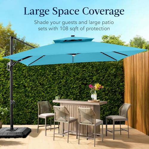 Best Choice Products 9x12ft LED Cantilever Patio Umbrella w/Base Included & 360° Rotation, Large Solar Offset Hanging Outdoor Sun Shade for Deck, Backyard Table w/Stand & Lights – Sky Blue - color: Sky Blue, size: 9x12ft