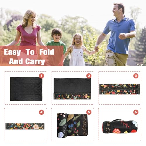 Picnic Blankets Waterproof Large, 80"x 60" Outdoor Beach Blanket Sandproof Foldable Lightweight Portable 3-Layer Camping Mat for Parks,Hiking,Travel,Music Festival,Concerts(Boho Flower) - color: Black Boho Flower, size: 5' x 6'8" (Rectangular)