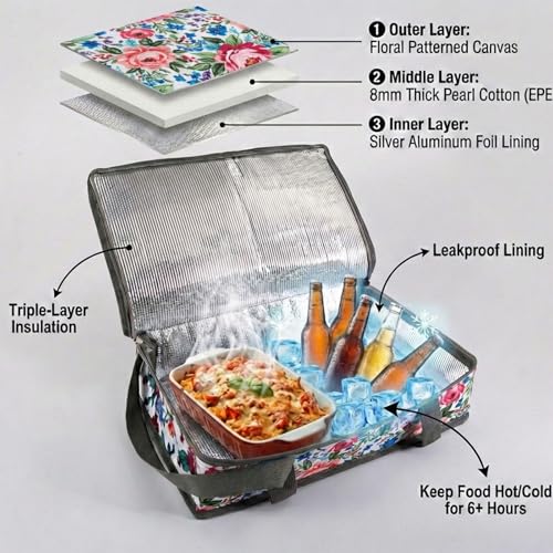 Insulated Casserole Carrier Fits Pioneer Woman Kitchen Stuff & 9x13 Baking Dish, Leakproof Lasagna Lugger Tote, Thermal Food Warmer Bag for Potluck, Picnic, Travel - Vintage Floral & Mom Gifts - color: Floral#6