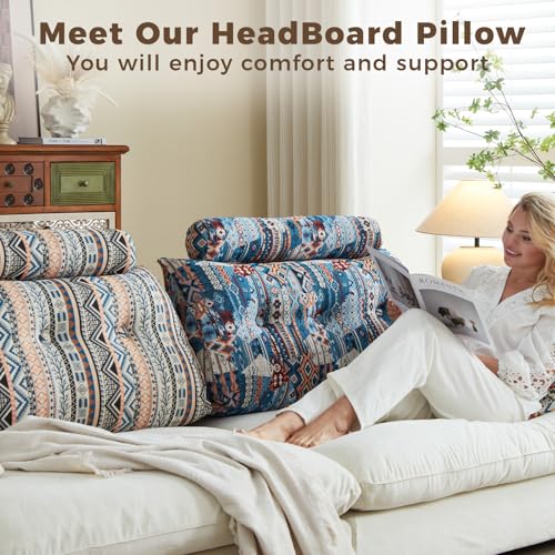 Used as a gift high-end headrest pillow, triangular sponge headboard, queen latex long strip pillow, reading headrest pillow - color: Sky Bloom, size: Queen