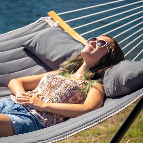 Outdoor Hammock with Stand Included, Heavy Duty Hammock with Curved Spreader Bar, Pillow and Portable Bag, 450 Lbs Capacity, Grey - color: Grey