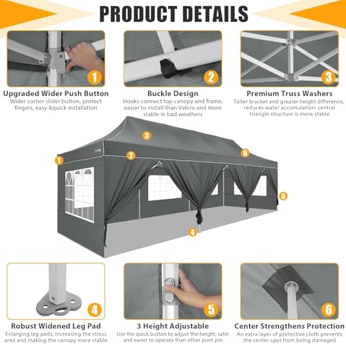 HOTEEL Tents for Parties 10x30 Pop Up Canopy Tent Heavy Duty with 8 Sidewalls, Commercial Party Tent Event Wedding Instant Canopy Waterproof with Carry Bag, UV 50+, Thicked Hexagonal Legs, Grey - color: Gray, size: 10x30FT (+8 Walls)