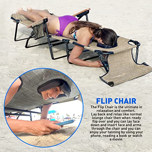 EASYGO PRODUCTS FLIP Face Down Tanning Chaise Lounge Chair with Face & Arm Holes - 4 Legs Support - Textilene Material - 6 Position - Arm Head Rest Pillow - Beach or Home Use - color: Flip Tan