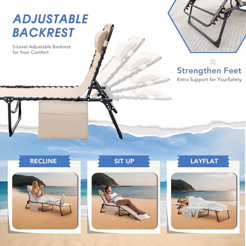 Flamaker Face Down Chaise Lounge Chair 5-Position Adjustable Sunbathing, Foldable Tanning Chair with Face& Arm Holes, Outdoor Recliner Chair for Pool, Beach, Patio, Lawn (Beige, 1 Pcs) - color: Beige, style: Sauna, 1 Pcs