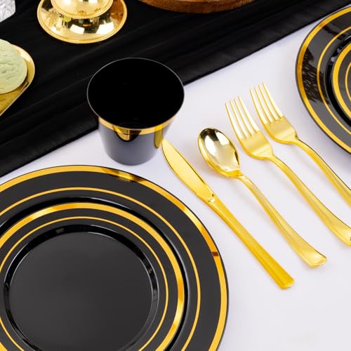 WELLIFE 150 PCS Black and Gold Disposable Dinnerware Set, Plastic Plates for Party, Including 25 Dinner Salad Plates, Cups, Forks Knives Spoons for New Year Party Supplies - color: Black/Gold, size: 25 Guests