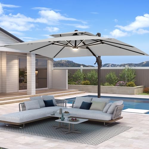 10 X 13 FT Cantilever Patio Umbrella with Led Lights Outdoor Rectangle Offset Large Double Top Heavy Duty Umbrellas with 360°Rotation for Pool Deck Backyard Garden, Fog Gray - color: Fog Gray, size: 10×13 Ft Without Base