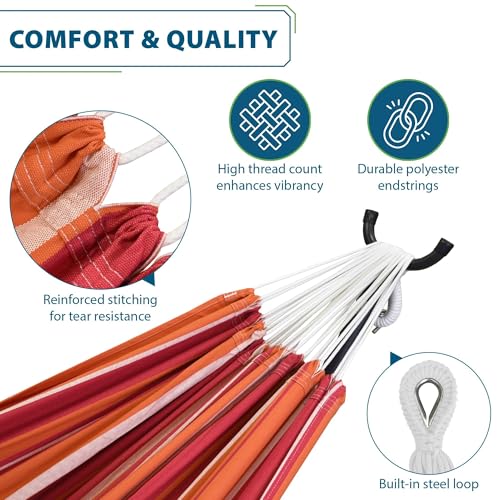Vivere Double Cotton Hammock with Space Saving Steel Stand, Upgraded Polyester End Strings 450 lb Capacity - Premium Carry Bag Included - USA Grown Cotton (Mimosa) - color: Mimosa