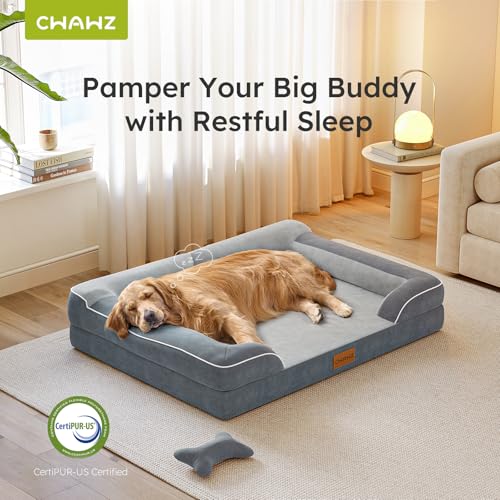 CWAWZ Jumbo Dog Bed for Extra Large Dogs, Orthopedic Dog Bed with Cooling Gel Memory Foam, Waterproof Pet Bed with Removable Washable Cover, 45" Pet Sofa Couch Dutch Velvet with Bone Toy, Dark Gray - color: Dark Grey, size: Jumbo(45"l X 35"w X 9.5"th)