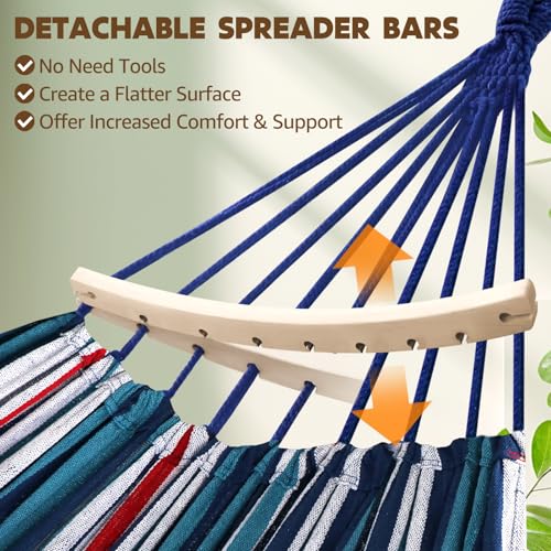 Chihee Cotton Hammock Holds Up to 660lbs Fabric Hammock 8.9x4.9ft Soft Portable Tree Hammocks Camping with Detachable Spreader Bar Pillow 2 Strong Webbings 2 Carabiners Indoor Outdoor Backyard Garden - color: Blue/Red/White Stripes, size: 270x150cm