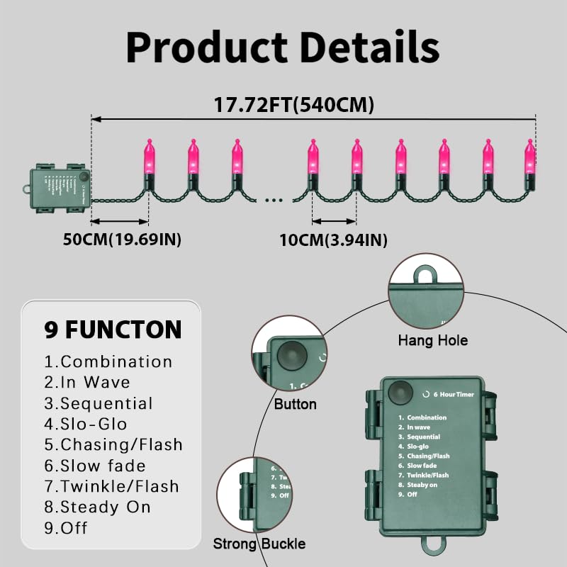 LAMPHOME 50 LED Valentine's Day String Lights, 16 FT Pink Mini String Light with 9 Modes & 6 Hour Timer, Waterproof Battery Operated for Indoor Outdoor Patio Garden Party Tree Valentine's Day Dec - color: Pink, size: 50 Count