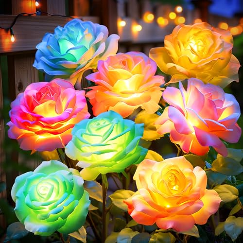 Solar Garden Lights Outdoor Waterproof: 6 Pack LED Solar Flowers Lights Garden Decor - 7 Color-Changing Spring Solar-Powered Stake Rose Decor for Patio Outside Yard Pathway Lawn Cemetery Decorations - size: 6 Pack