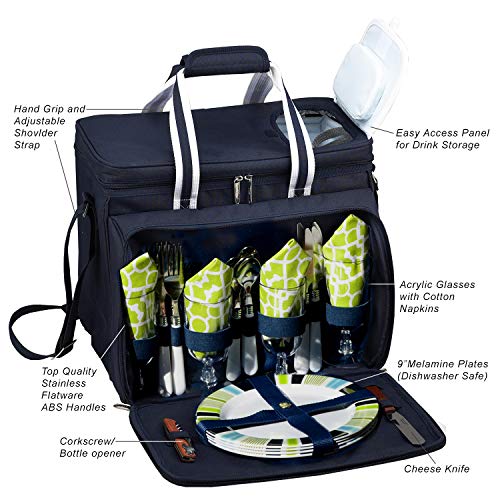 Picnic at Ascot Original Insulated Picnic Cooler with Service for 4 on Wheels-Designed & Assembled in USA - color: Trellis Green
