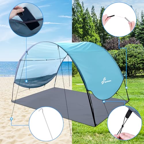 Sportneer Beach Tent Sun Shelter Beach Shade Canopy UPF 50+ UV Protection with 8 Wind Ropes and 12 Ground Stakes for Beach Camping Backyard Picnic Outdoor (Light Blue)