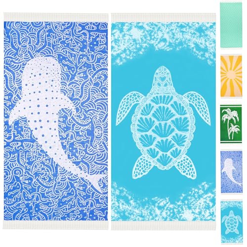 Genovega 2 Packs Turkish Beach Towels Vacation Essentials Quick Dry Sand Free Soft Absorbent Adult Oversized Bath Pool Swim Long Lightweight Thin Fast Drying Over The Chair Towel Sand Turtle Whale - color: 2 Pack Whale Turtle, size: 72 x 36 inch