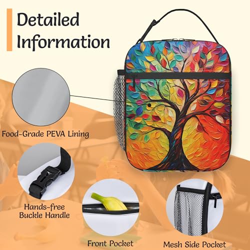 Insulated Small Lunch Box,Tree of Life Reusable Lunch Bag for Kids Adult Women,Colorful Leaves Large Capacity Portable Thermal Bag with Mutiple Pockets for School,Work,Picnic - color: Tree of Life