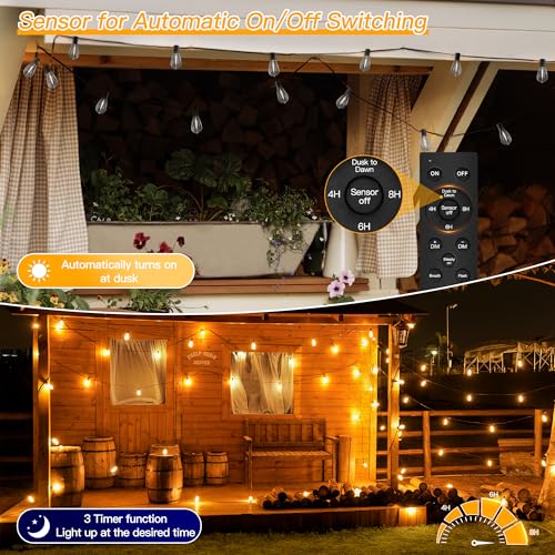 Ollny S11 100FT Outdoor String Lights with Remote, Plug in Waterproof Connectable 3 Modes Dimmable Timers Patio Lights with 48+2 LED Spare Bulbs, Dusk to Dawn Outdoor Light for Outside Bistro Yard - size: 100FT, style: S11-100FT(Remote)