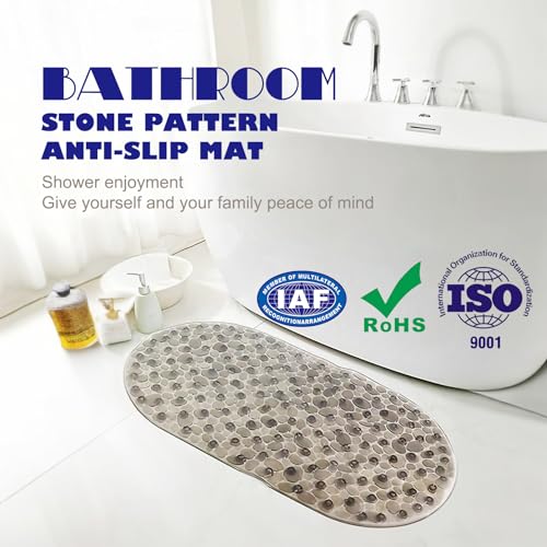 Anti-Slip Bathtub Mats Shower Bathroom Pad Floor Long Mat,Stone Texture Design with Large Suction Cup Bath Tub/Shower Room/Shower Safety Mats,BPA Free for Kids Bath Rugs/Bath Accessories