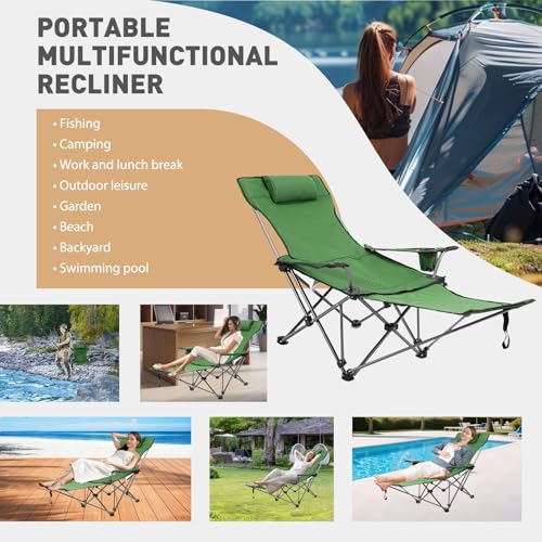 Reclining Camping Chair with Removable Footrest, Adjustable Camping Lounge Beach Chair with Padded Headrest, Cup Holder & Carry Bag, Camp Chair with Foot Rest Lawn Chair for Outdoor Patio,Green - color: Green