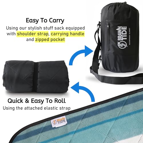 BRAWNTIDE Large Outdoor Waterproof Blanket - Extra Thick Fleece, Warm, Windproof, Sandproof, Quilted, 82" x 55", Ideal for Beaches, Picnics, Camping, Stadiums, Dogs, Car - color: Teal Green