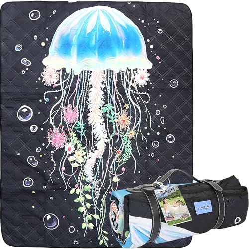 60x80” Double Thickened Picnic Blankets(150g High Density Cotton Stuffed) Jellyfish Pattern Outdoor Picnic Mat Portable Picnic Blanket Foldable with Leather Carry Strap Beach Blanket - color: Jellyfish, size: 60"x80"