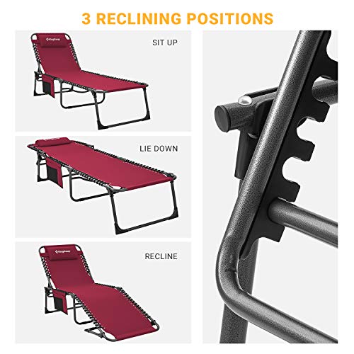 KingCamp Portable Folding Camping Cot Adjustable 4-Position Patio Reclining Lounger Chair with Pillow Pocket for Garden Yard Lawn Sunbathing Supports 265lbs - color: Urbanlite Wine-1 Pack