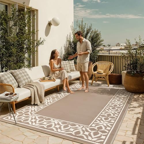 PureCozy Outdoor Plastic Straw Rug Beige Brown Large Outside Waterproof Outdoor Patio 6x9 Carpet Geometric Reversible Mat Modern for Camping RV Porch Deck Balcony Beach - color: Geo | Beige Brown, size: 6' x 9' (Rectangular)
