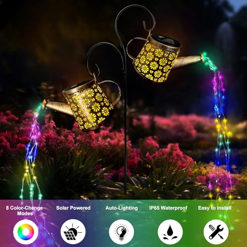 WITOROR Solar Watering Can Lights Outdoor, IP65 Waterproof Garden Decor Solar Garden Light 8 Multi-Color Changing Modes One Pole Two Lights Outdoor Decorations for Yard, Lawn, Patio
