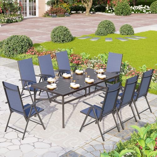 PHI VILLA 9 Piece Patio Dining Set, Patio Furniture Outdoor Dining Set with Adjustable Portable Patio Folding Chairs (Blue) & Large Patio Dining Table for Yard, Garden and Deck - color: Blue, size: 9 Piece Rectangle