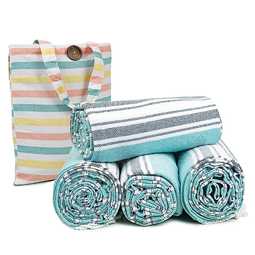 HILLFAIR Cotton Turkish Beach Towels, Quick Dry Lightweight Sand Free Peshtemal Towel for Bath Swim Yoga Pool Travel, Beach Accessories, Oversized Cotton Turkish Towel (39 x 72 inch- 4 Pack Aqua Grey) - color: Aqua Grey, size: 39 x 72 inch ( Beach towel -