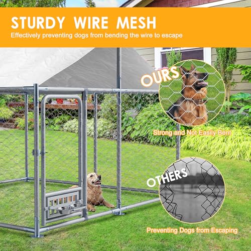 7.5 FT Large Outdoor Dog Kennel with Roof, Dog Enclosure w/Rotating Feeder, Heavy Duty Dog Run Playpen with 2 Stainless Bowls, Galvanized Pet House w/Secure Lock, Wateproof Cover - size: 90"×90"×63"-w/rotating feeders