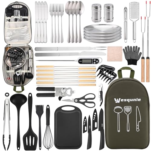 Wesqunie Camping Essentials Cookware Cooking Utensils Set - Portable Camp Kitchen Mess Kit Outdoor Accessories, Stainless Steel & Silicone, Camping Gear Equipment for RV Picnic Grill, 50PCS Green - color: 50PCS Green