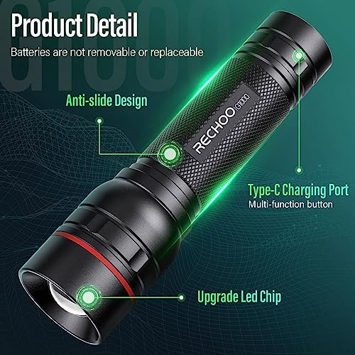 RECHOO Rechargeable Flashlights High Lumens, G1000 Super Bright Flash Light, Small Zoomable Led Flashlight with 3 Lighting Modes, Portable Tactical Flashlights for Camping (Battery Included) - color: Black, size: 1 Pack