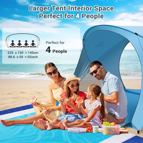 AugFir Beach Tent Sun Shelter, Beach Tent with Beach Mat Set, 4 Person Portable Beach Shade Canopy with UPF 50＋ UV Protection, Dual-Door Ventilation Design, Easy Setup Family Beach Umbrella (Blue) - color: Blue