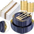 Nervure 350Pcs Blue Plastic Plates - Blue Gold Plastic Dinnerware Sets for 50 Guests - 100 Navy Gold Disposable Plates, 50 Pre Rolled Silverware, 50 Cups Perfect for Wedding & Party - color: Navy Blue and Gold