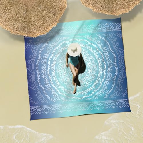 Sunlit Silky Soft Sand Proof Beach Blanket 106"x81" / 85"x72" Sand Proof Mat with Corner Pockets and Mesh Bag for Beach Party, Travel, Camping and Outdoor Music Festival, Mandala - color: Ombre Blue, size: 120"x108"