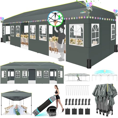 COBIZI 10x30 Pop Up Canopy Tent with Sidewalls One Push Outdoor Wedding Event Tent UPF 50+ Waterproof Gazebo with Air Vent, Tents for Party, Wheeled Bag, Sandbag, Stake, Rope, Grey - color: Grey(1-year warranty), size: 10x30