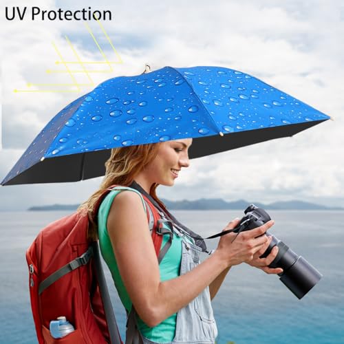 Umbrella Hat, 37 inch Fishing Umbrella Hat Hands Free Foldable UV Protection Umbrella Cap Adjustable Headwear for Fishing Golf Camping Beach Gardening Sunshade Outdoor - color: Water Drop Blue