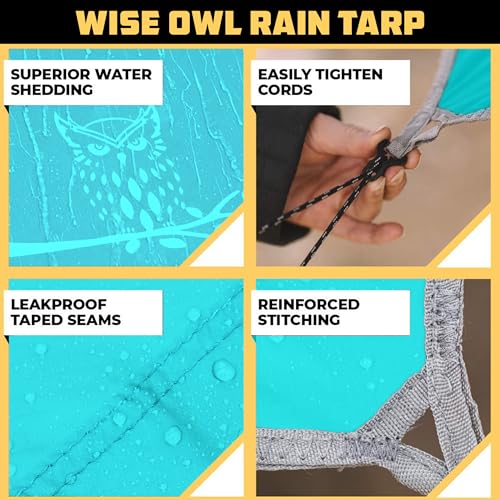 Wise Owl Outfitters Hammock Rain Fly – Waterproof Camping Tarp Cover with Tent Stakes & Carry Bag, Ultralight Shelter for Backpacking & Outdoor Shade - color: Light Blue, size: Standard (26 oz)