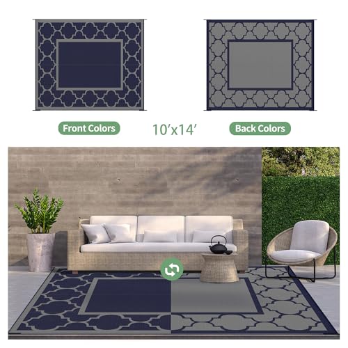 GENIMO 10 ' x 14 ' Outdoor Rug Waterproof for Patio Decor, Foldable Reversible Plastic Straw Area Rugs Mat for Camper, Outside Carpet for Rv, Deck, Porch, Picnic, Beach, Balcony, Blue & Grey - color: Blue & Grey, size: 10' x 14' (Rectangular)