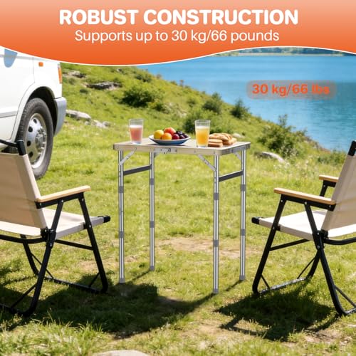 FUNYKICH Camping Table with Waterproof Plastic Tabletop 22.8''x15.7'', 3 Height Adjustable Small Folding Table, Lightweight Portable Picnic Table with Carry Handle for Picnic, Beach, Travel, White - color: White