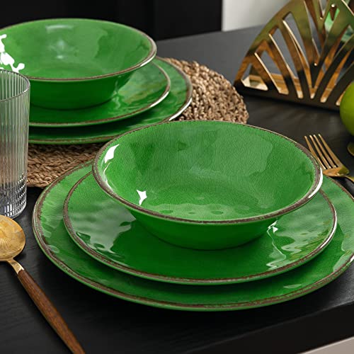 LEHAHA Vintage Crackle Melamine Dinnerware Sets, 12 Piece Plates and Bowls Sets, Great for Camping, RV. Durable and Chip Resistant Farmhouse Dishes Set, Service for 4(Green) - color: Green